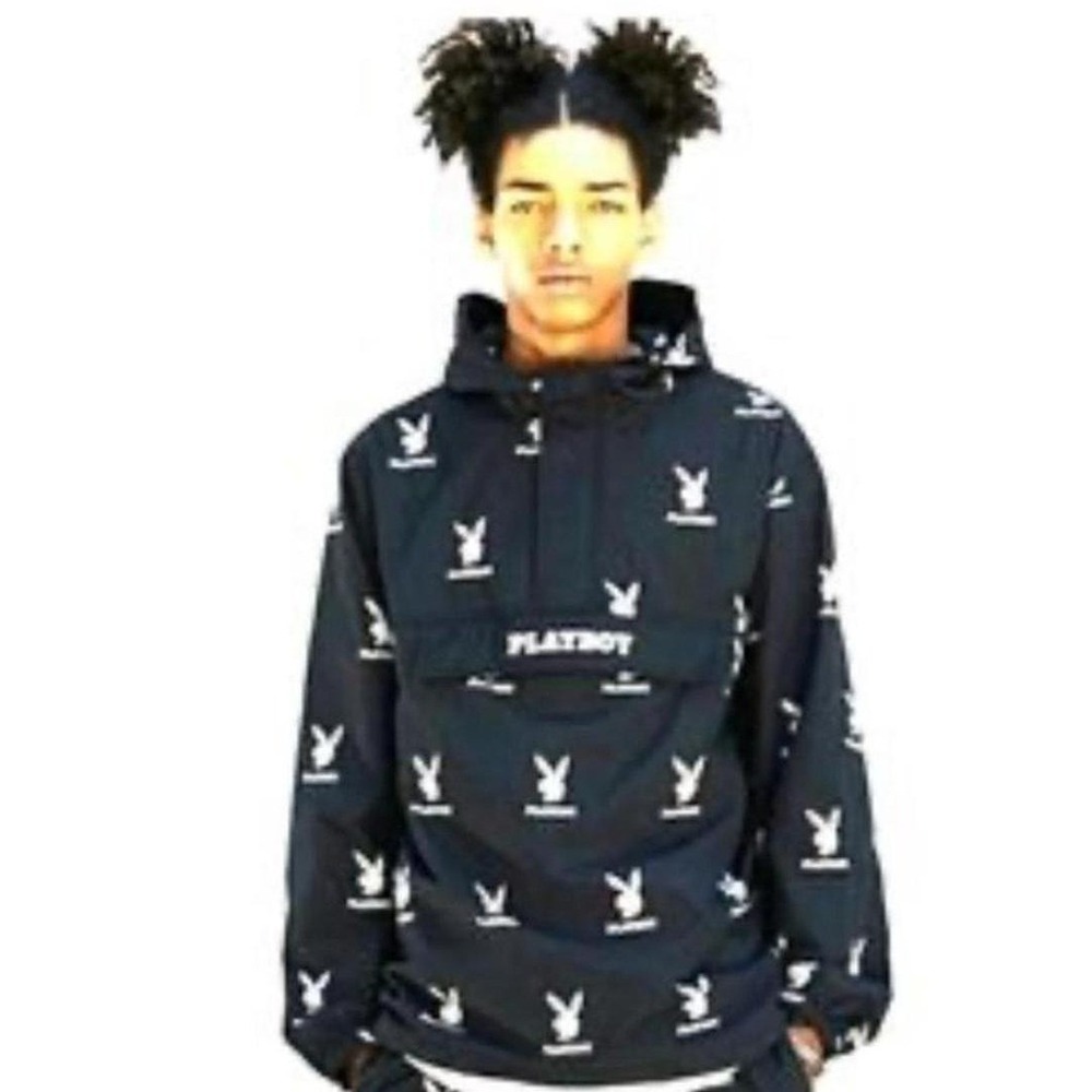 Playboy Anorak Windbreaker Mens Medium Black PacSun All Over Logo Print Jacket